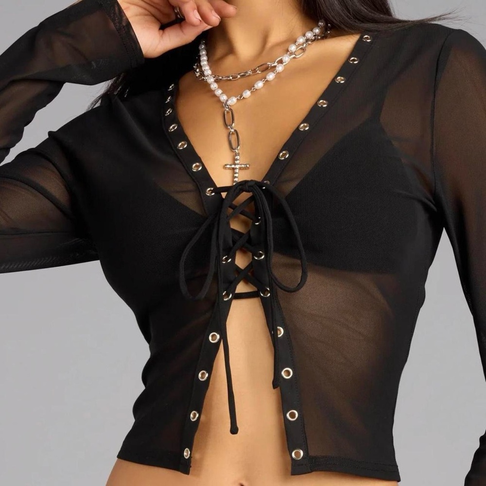 Windsor Black Sheer Lace-Up Long Sleeve Crop Top